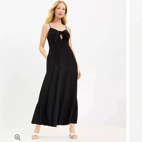 EUC Loft Beach Linen Blend Black Maxi Dress Tie Front Smocked Resortwear Medium - Picture 1 of 11